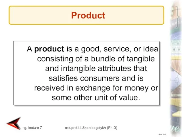 Marketing, lecture 7 ass.prof.I.I.Skorobogatykh (Ph.D) Slide 10-92 A product is a good,