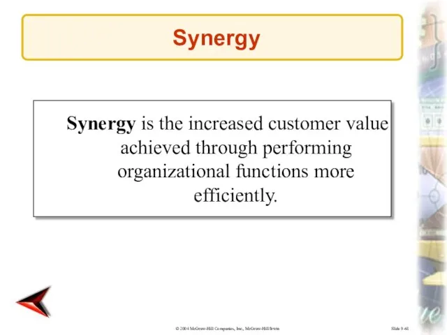 Slide 9-68 Synergy is the increased customer value achieved through performing organizational functions more efficiently. Synergy