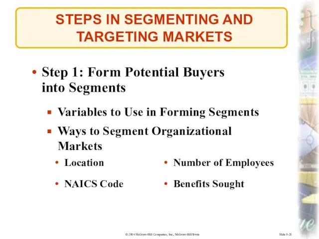 Slide 9-28 STEPS IN SEGMENTING AND TARGETING MARKETS Step 1: Form Potential
