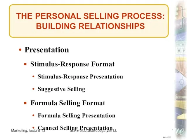 Marketing, lecture 13 ass.prof.I.I.Skorobogatykh I.I. THE PERSONAL SELLING PROCESS: BUILDING RELATIONSHIPS Slide