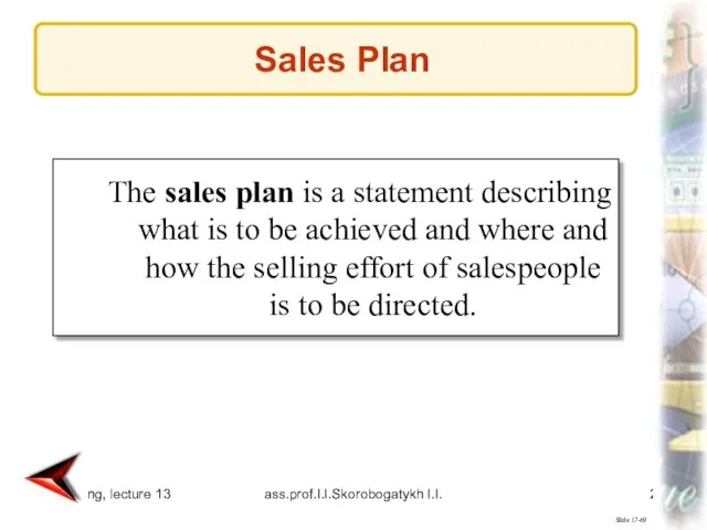Marketing, lecture 13 ass.prof.I.I.Skorobogatykh I.I. Slide 17-69 The sales plan is a