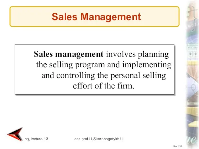 Marketing, lecture 13 ass.prof.I.I.Skorobogatykh I.I. Slide 17-62 Sales management involves planning the