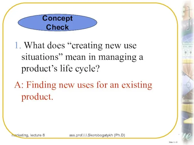 marketing, lecture 8 ass.prof.I.I.Skorobogatykh (Ph.D) Slide 11-33 1. What does “creating new