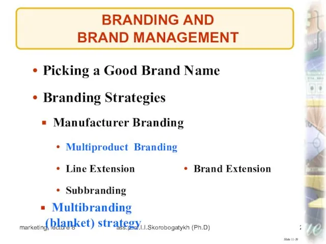 marketing, lecture 8 ass.prof.I.I.Skorobogatykh (Ph.D) BRANDING AND BRAND MANAGEMENT Slide 11-39 Manufacturer