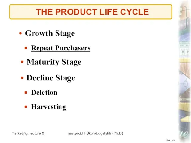 marketing, lecture 8 ass.prof.I.I.Skorobogatykh (Ph.D) THE PRODUCT LIFE CYCLE Slide 11-16 Growth