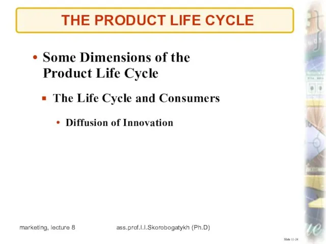 marketing, lecture 8 ass.prof.I.I.Skorobogatykh (Ph.D) THE PRODUCT LIFE CYCLE Slide 11-24 The