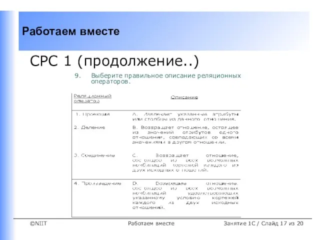 Работаем вместе СРС 1 (продолжение..) Выберите правильное описание реляционных операторов. Занятие 1C / Слайд из 20