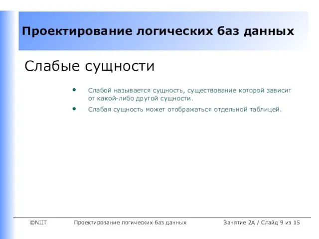 Проектирование логических баз данных Занятие 2A / Слайд из 15 Слабые сущности