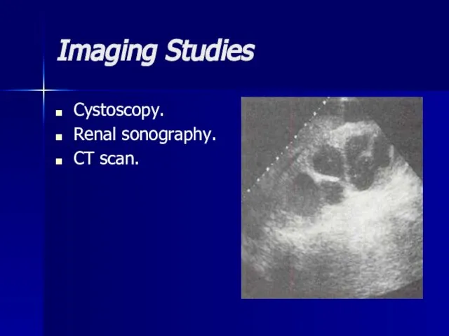 Imaging Studies Cystoscopy. Renal sonography. CT scan.