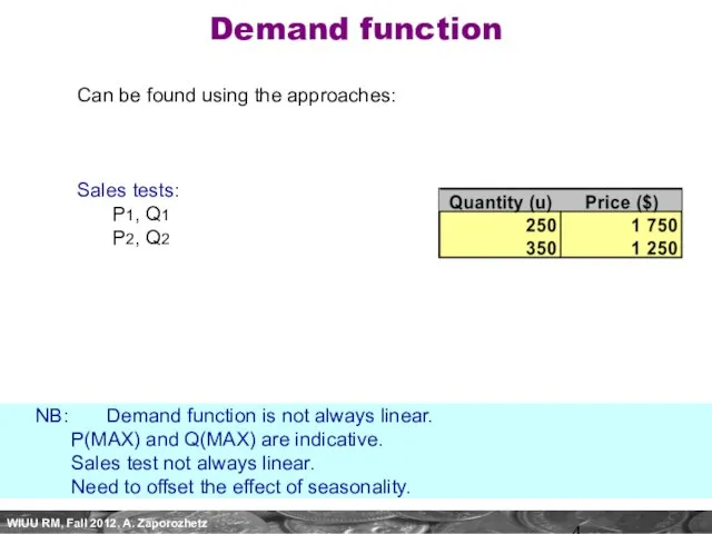 Demand function Can be found using the approaches: Sales tests: P1, Q1