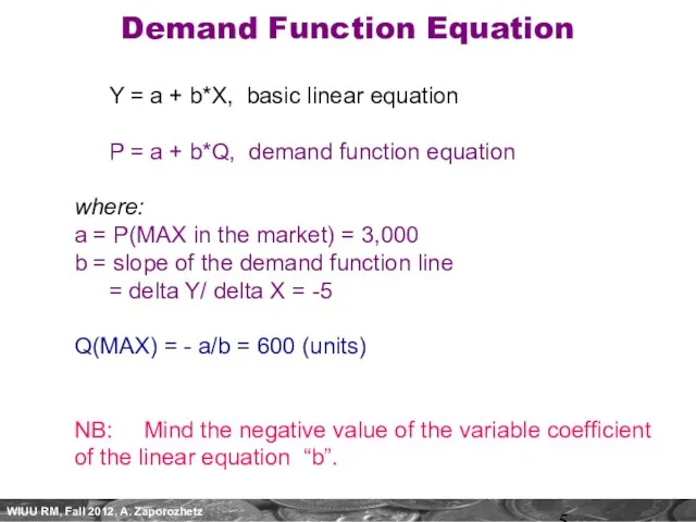 Demand Function Equation Y = a + b*X, basic linear equation P