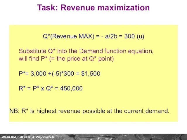 Task: Revenue maximization Q*(Revenue MAX) = - a/2b = 300 (u) Substitute