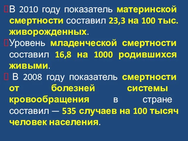 В 2010 году показатель материнской смертности составил 23,3 на 100 тыс. живорожденных.