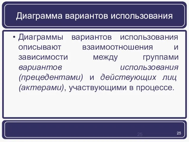 Диаграмма вариантов использования Диаграммы вариантов использования описывают взаимоотношения и зависимости между группами