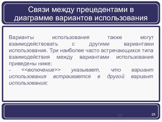 Связи между прецедентами в диаграмме вариантов использования Варианты использования также могут взаимодействовать