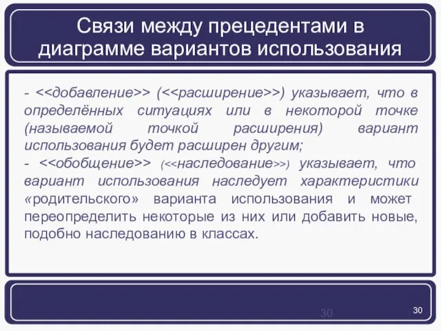 Связи между прецедентами в диаграмме вариантов использования - > ( >) указывает,