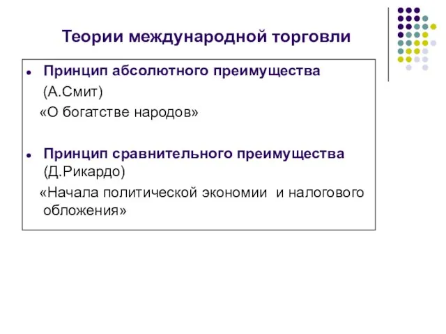 Теории международной торговли Принцип абсолютного преимущества (А.Смит) «О богатстве народов» Принцип сравнительного