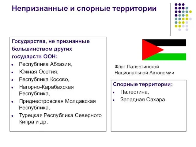 Непризнанные и спорные территории Государства, не признанные большинством других государств ООН: Республика