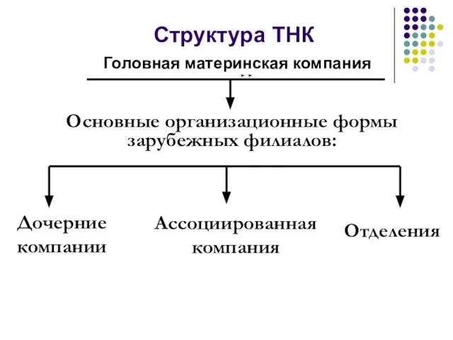 Структура ТНК Головная материнская компания Основные организационные формы зарубежных филиалов: Дочерние компании Ассоциированная компания Отделения