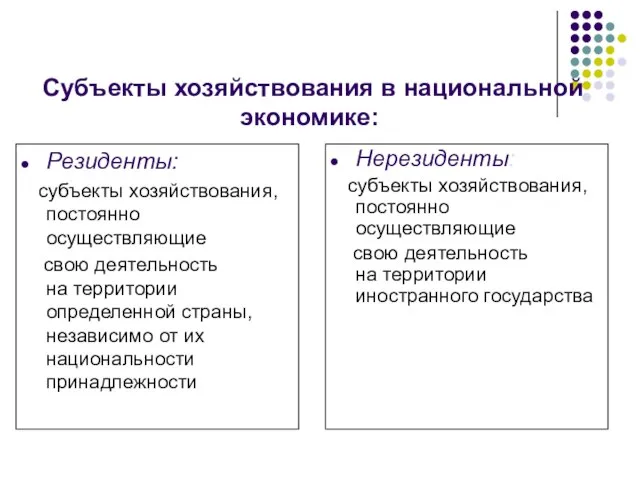 Субъекты хозяйствования в национальной экономике: Резиденты: субъекты хозяйствования, постоянно осуществляющие свою деятельность