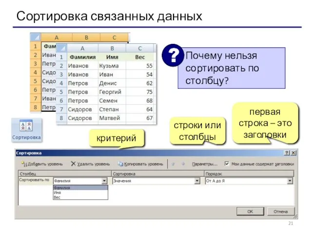 Сортировка связанных данных критерий строки или столбцы первая строка – это заголовки