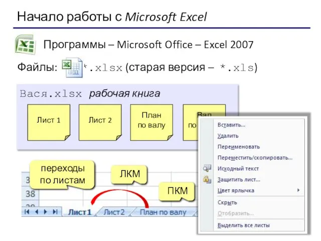 Начало работы с Microsoft Excel Программы – Microsoft Office – Excel 2007