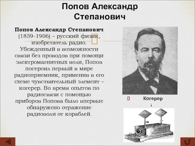 Попов Александр Степанович Попов Александр Степанович (1859-1906) – русский физик, изобретатель радио.