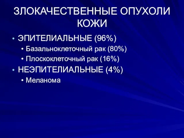 ЗЛОКАЧЕСТВЕННЫЕ ОПУХОЛИ КОЖИ ЭПИТЕЛИАЛЬНЫЕ (96%) Базальноклеточный рак (80%) Плоскоклеточный рак (16%) НЕЭПИТЕЛИАЛЬНЫЕ (4%) Меланома