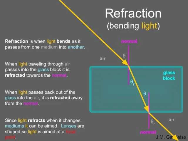Refraction (bending light) Refraction is when light bends as it passes from