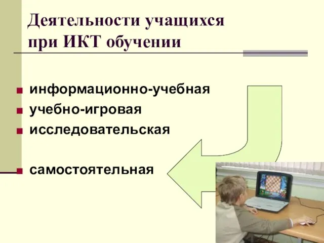 Деятельности учащихся при ИКТ обучении информационно-учебная учебно-игровая исследовательская самостоятельная