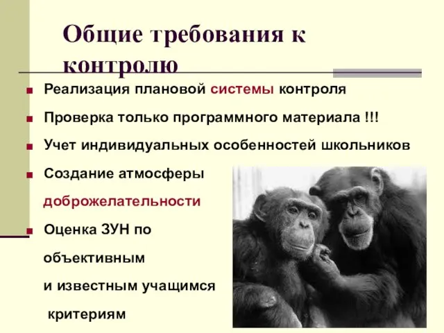 Общие требования к контролю Реализация плановой системы контроля Проверка только программного материала