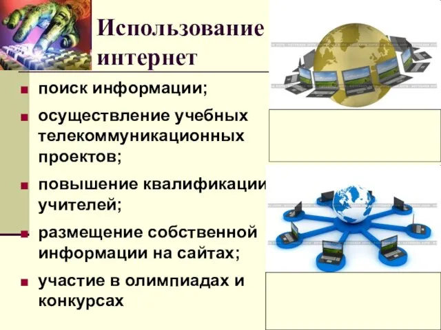 Использование интернет поиск информации; осуществление учебных телекоммуникационных проектов; повышение квалификации учителей; размещение