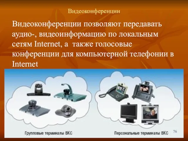 Видеоконференции Видеоконференции позволяют передавать аудио-, видеоинформацию по локальным сетям Internet, а также