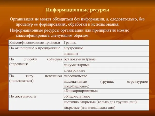 Информационные ресурсы Организация не может обходиться без информации, а, следовательно, без процедур