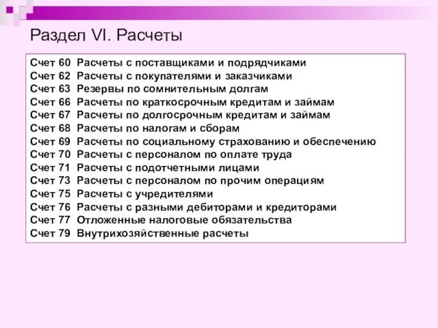 Раздел VI. Расчеты Счет 60 Расчеты с поставщиками и подрядчиками Счет 62