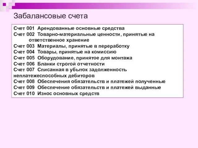 Забалансовые счета Счет 001 Арендованные основные средства Счет 002 Товарно-материальные ценности, принятые