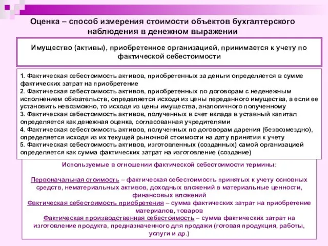 Оценка – способ измерения стоимости объектов бухгалтерского наблюдения в денежном выражении Имущество