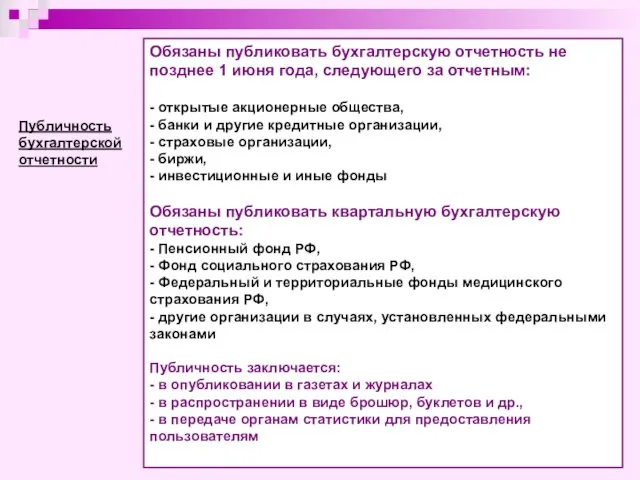 Публичность бухгалтерской отчетности Обязаны публиковать бухгалтерскую отчетность не позднее 1 июня года,