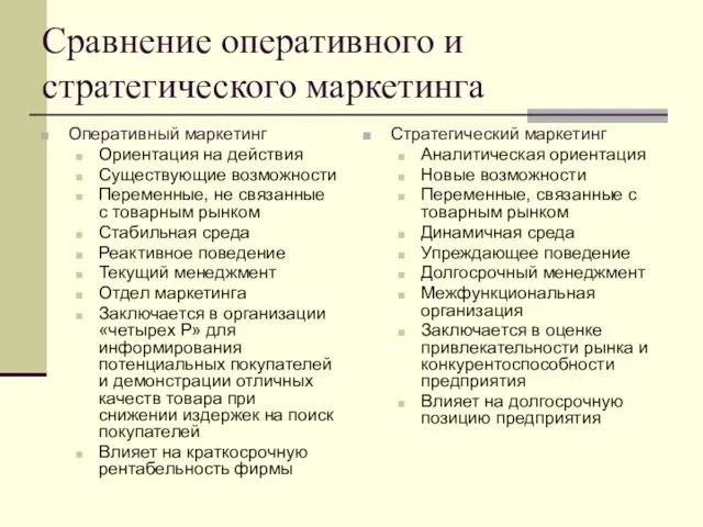 Сравнение оперативного и стратегического маркетинга Оперативный маркетинг Ориентация на действия Существующие возможности