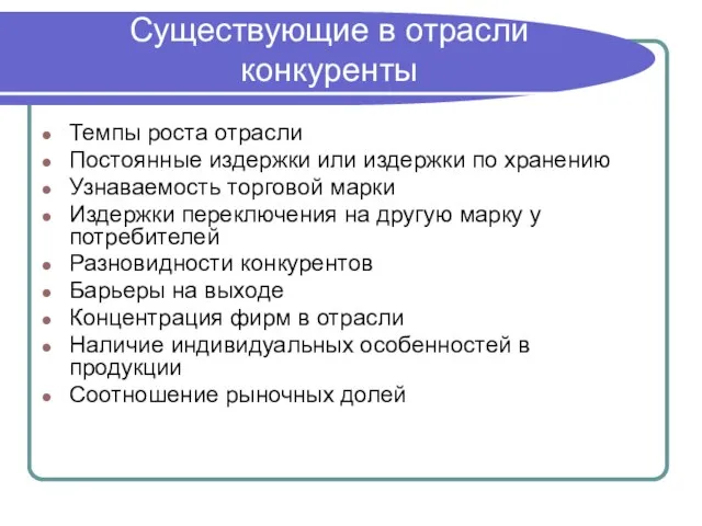 Существующие в отрасли конкуренты Темпы роста отрасли Постоянные издержки или издержки по