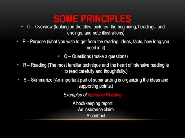 SOME PRINCIPLES O – Overview (looking on the titles, pictures, the beginning,