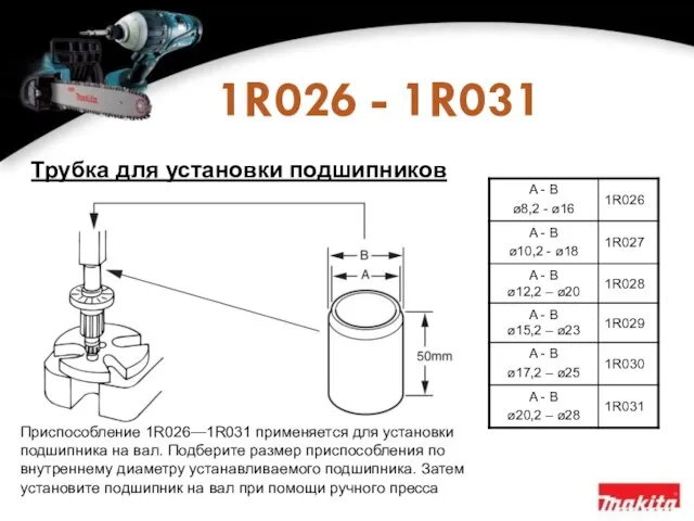 1R026 - 1R031 Приспособление 1R026—1R031 применяется для установки подшипника на вал. Подберите