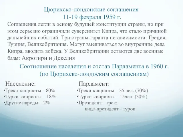 Соотношение населения и состав Парламента в 1960 г. (по Цюрихско-лондоским соглашениям) Цюрихско-лондонские