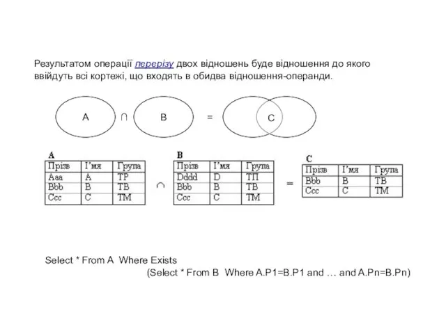 Результатом операції перерізу двох відношень буде відношення до якого ввійдуть всі кортежі,