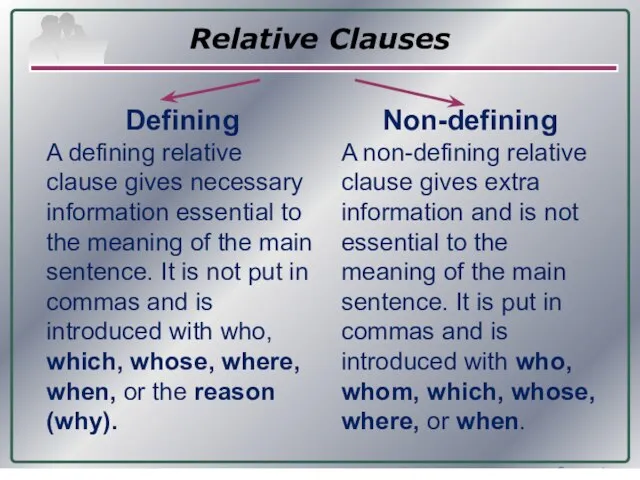 Company Logo www.themegallery.com Relative Clauses Defining A defining relative clause gives necessary