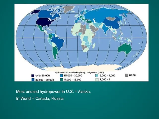 Most unused hydropower in U.S. = Alaska, In World = Canada, Russia