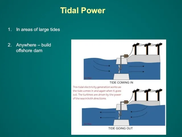 Tidal Power In areas of large tides Anywhere – build offshore dam