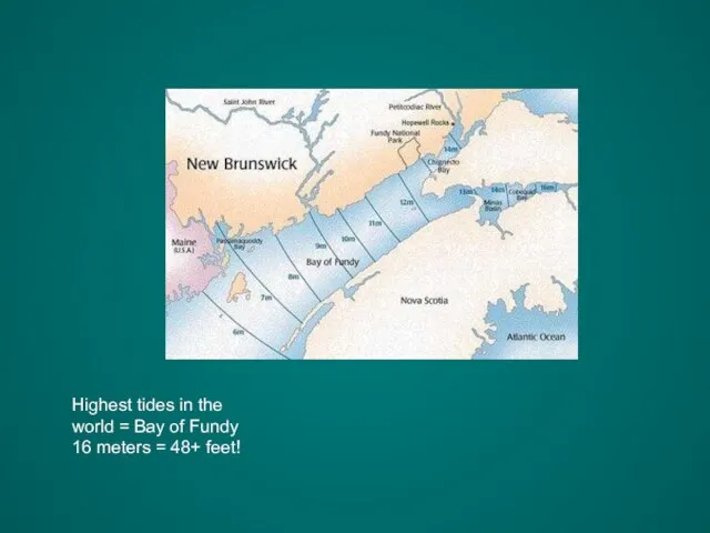 Highest tides in the world = Bay of Fundy 16 meters = 48+ feet!