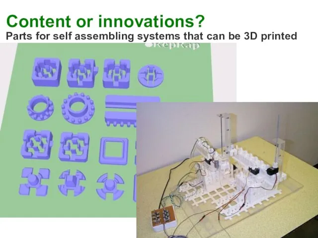 Parts for self assembling systems that can be 3D printed Content or innovations?