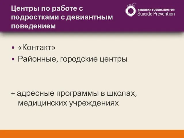 Центры по работе с подростками с девиантным поведением «Контакт» Районные, городские центры